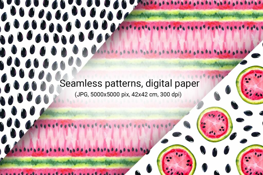 Watercolor Watermelon Digital Paper Summer Seamless Pattern