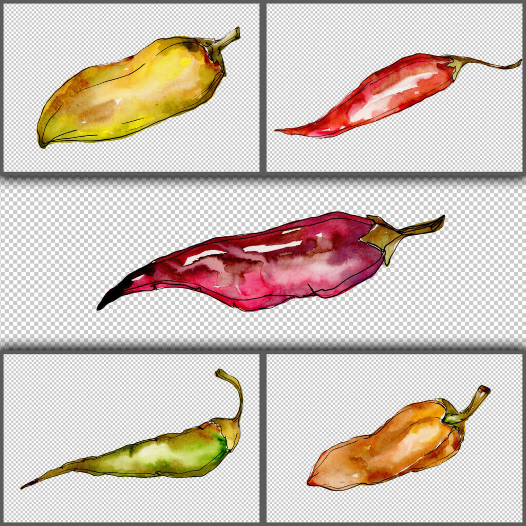 Green And Yellow Pepper Vegetables PNG Watercolor Set MasterBundles