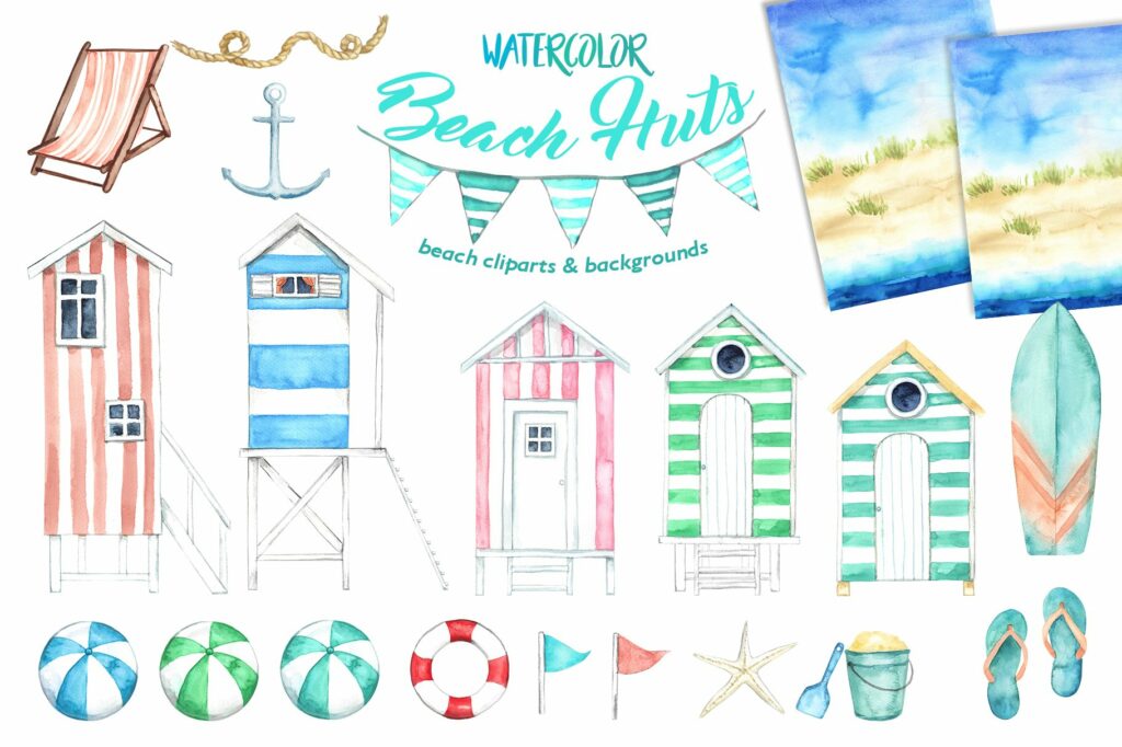 Watercolor Beach Huts MasterBundles