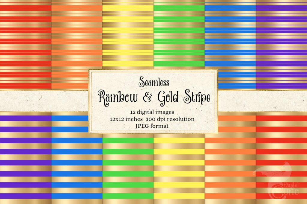 Rainbow Gold Stripe Digital Paper MasterBundles