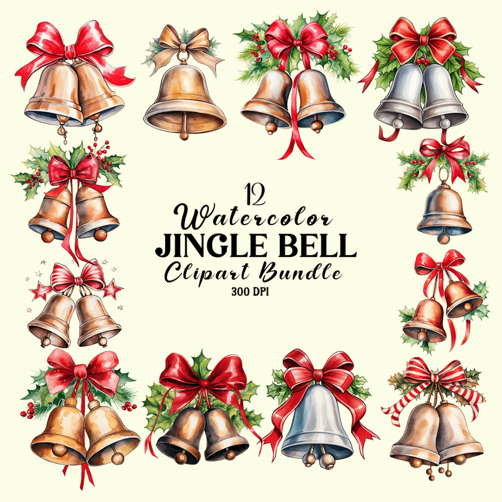 Watercolor Jingle Bell Clipart Bundle MasterBundles