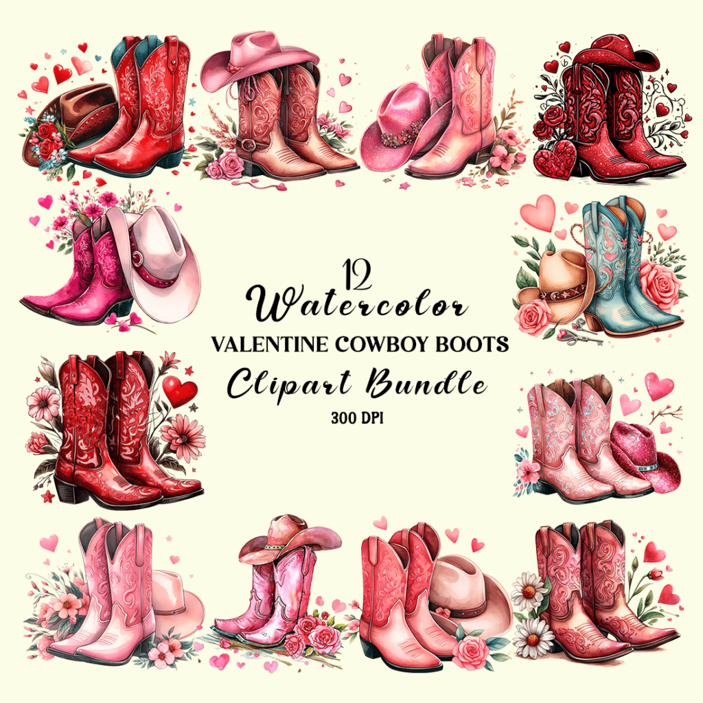 Watercolor Valentine Cowboy Boots Clipart Bundle MasterBundles