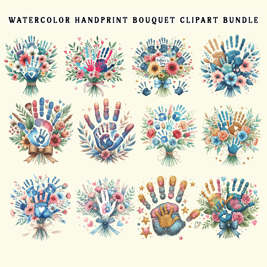 Watercolor Handprint Bouquet Clipart Bundle Masterbundles