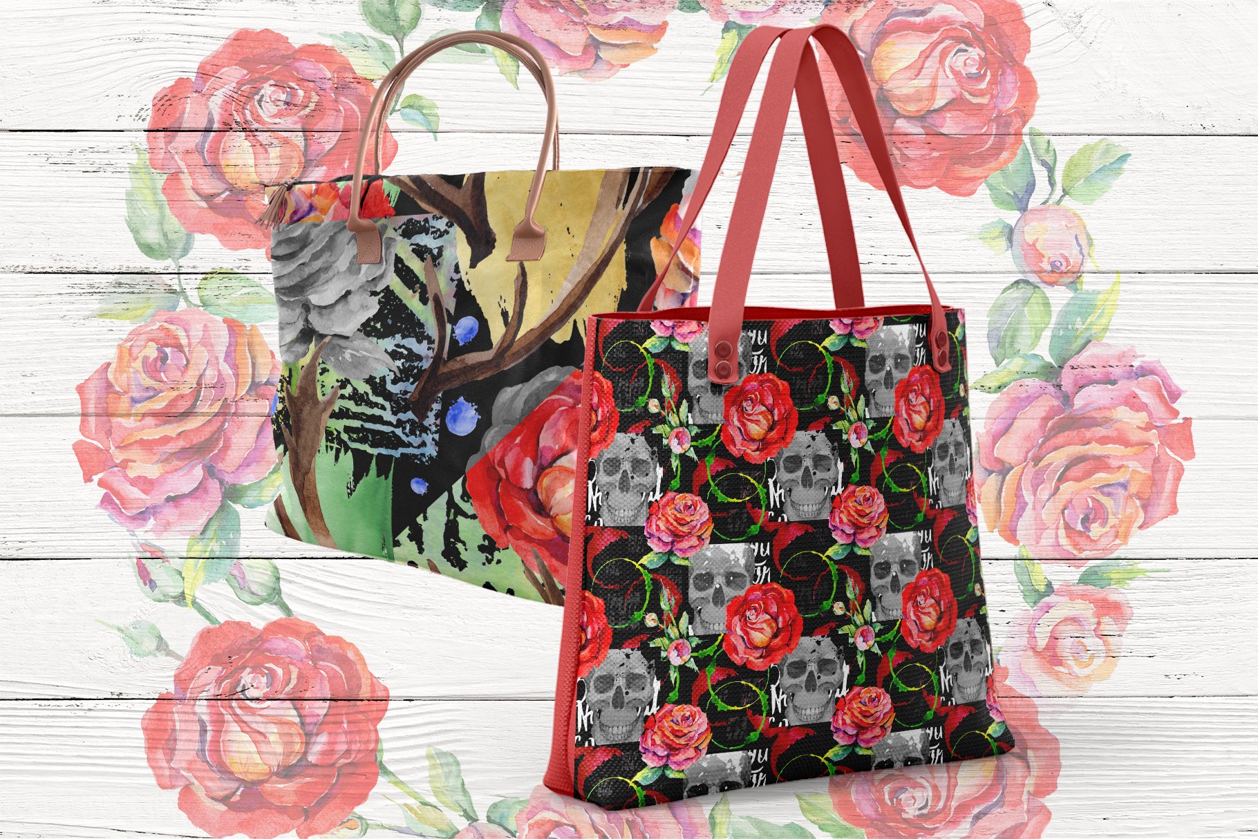 Skull and roses on the bags.