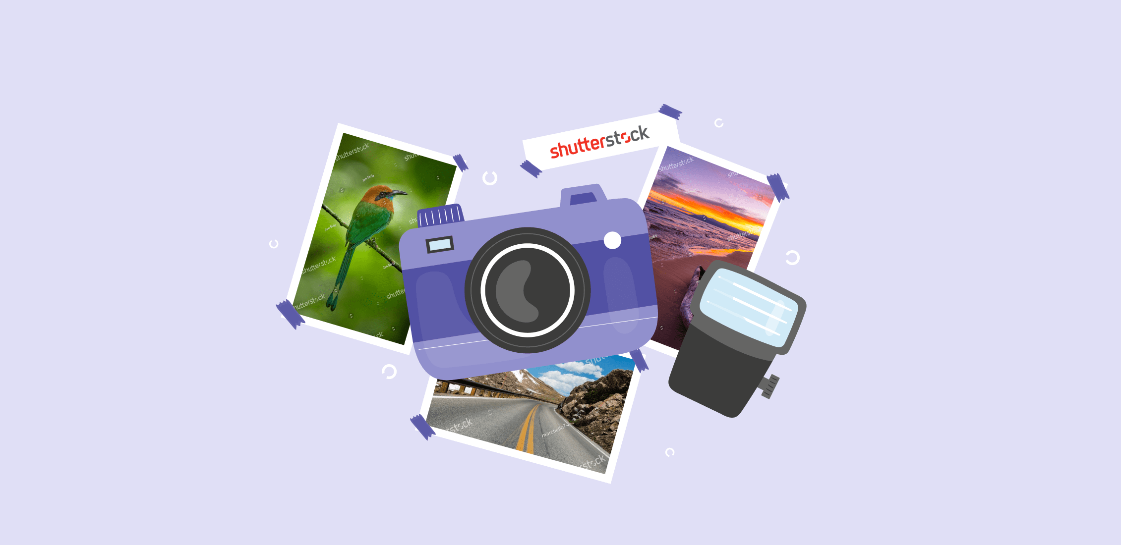Camera and some pictures on a purple background.