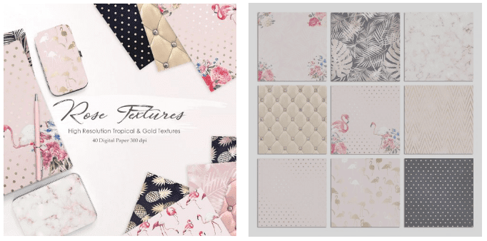 9 different marble backgrounds with feathers, flamingoes, pineapples.