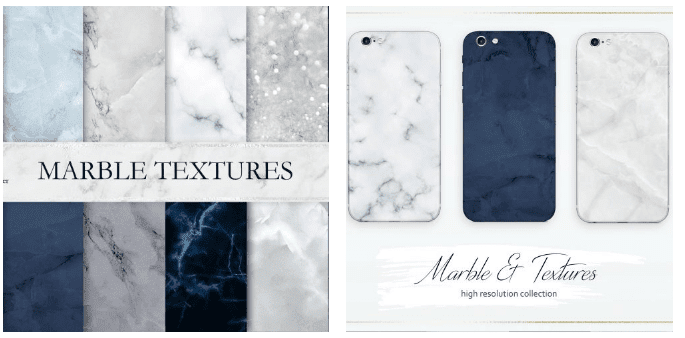 Marble backgrounds in cold shades: white, blue, gray.