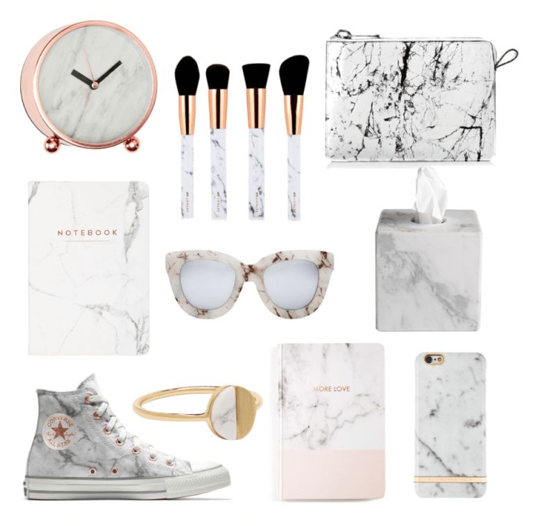 Watches, brushes, notebooks, glasses, napkin holder, ring, sneakers, phone case with marble prints.