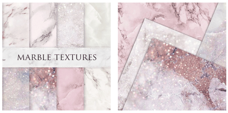Marble backgrounds of different pastel shades of pink with glitter.