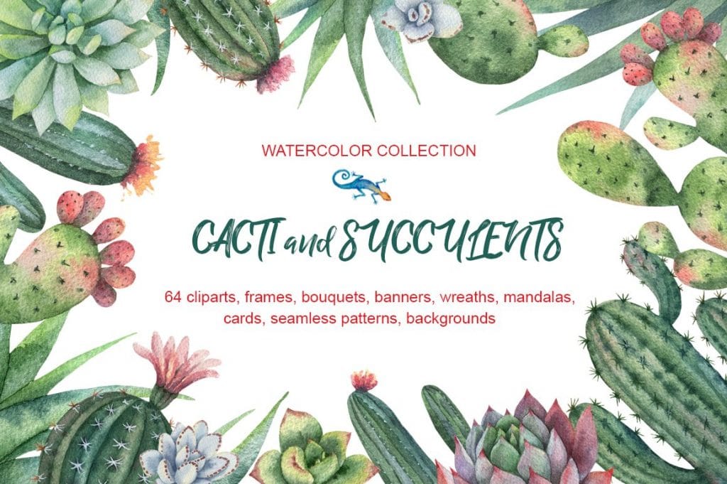 Watercolor Cacti and Succulents.