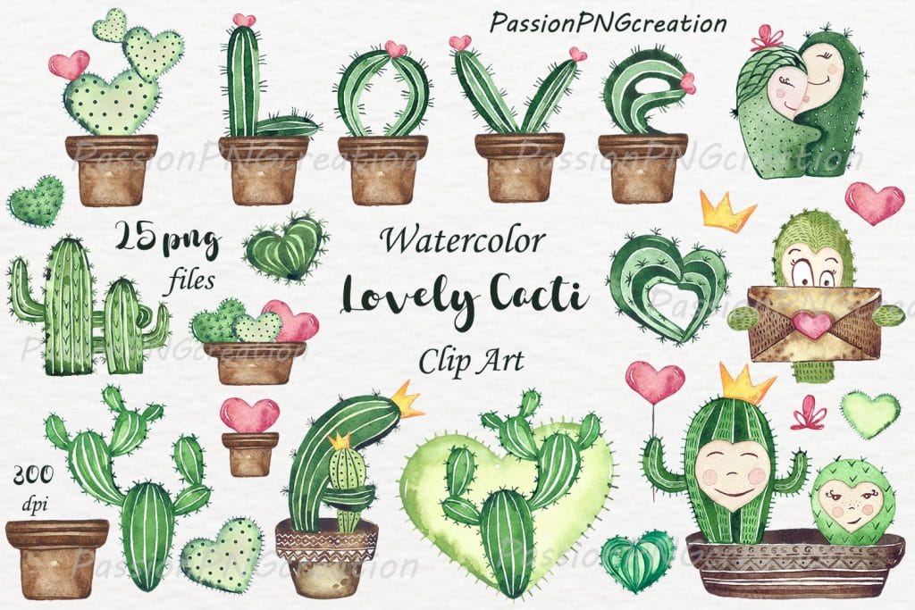 Watercolor lovely Cacti ClipArt