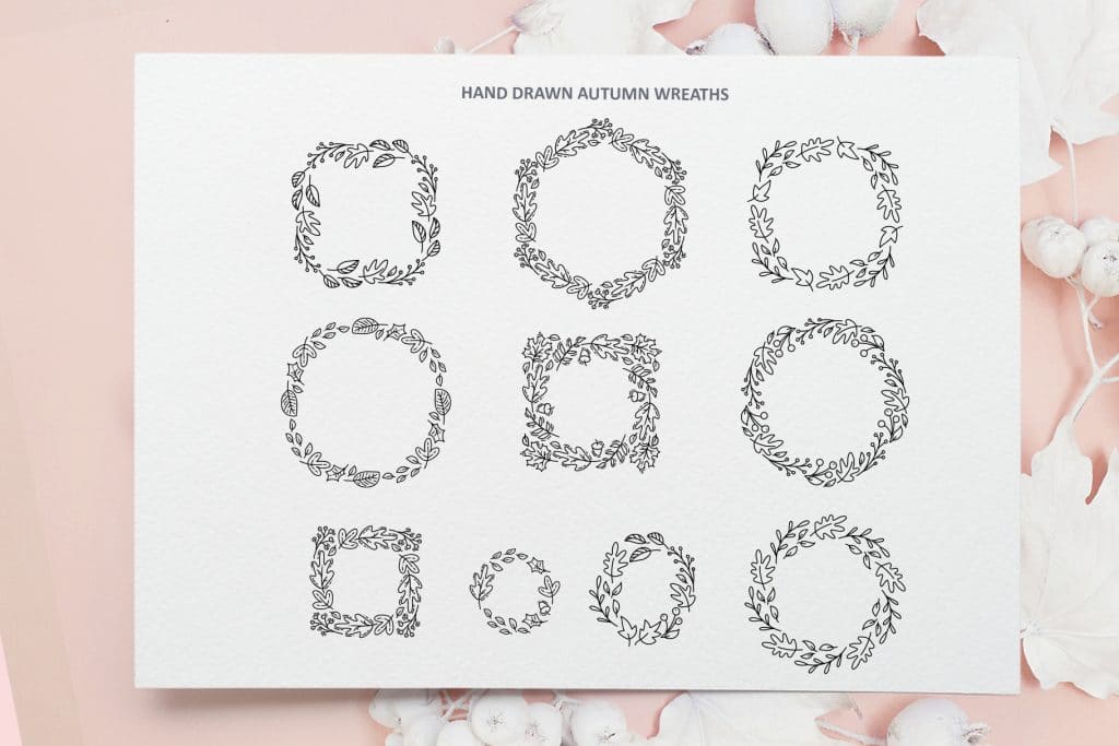 Hand drawn wreaths of autumn leaves