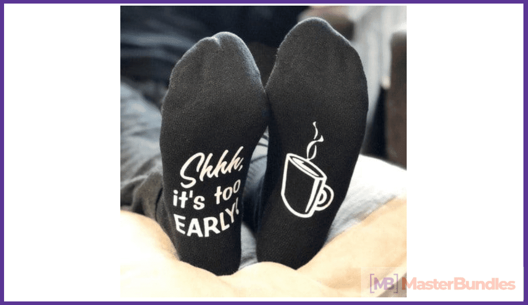 Black socks with an inscription on the feet. Perfect for the person who wants to sleep longer.