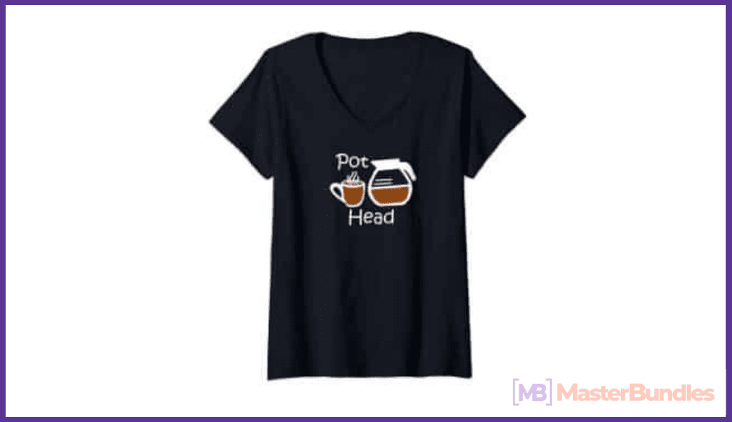 Black V-neck T-shirt with lettering and coffee cup graphic.