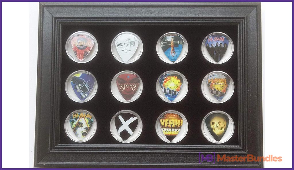 This custom 10 x 7.5 frame is made of an attractive black wood and includes our custom black 8 x 5.5 insert that holds 12 standard size guitar picks (not included). Capsules are Included along with a Clear UV-filtered Acrylic to protect items from fading, Backer Board, Spring Clips on back of frame allow for no-tools installation, Mounting Hardware, Hanger, Leveling Bumpers/Wall Protectors.