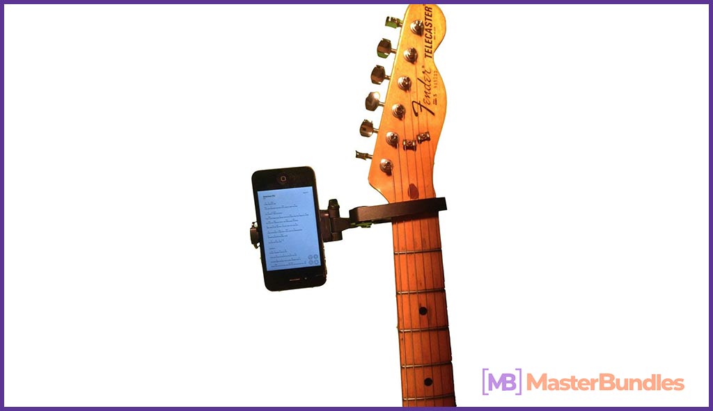 A smartphone holder that attaches to the guitar.