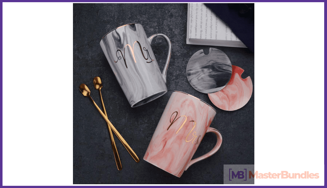 Stylish ceramic cups in two colors - gray and pink.