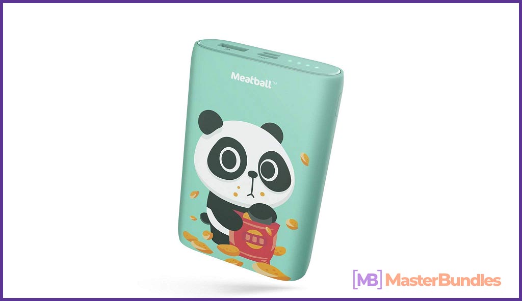 A cute mint-colored power bank with a picture of a panda.