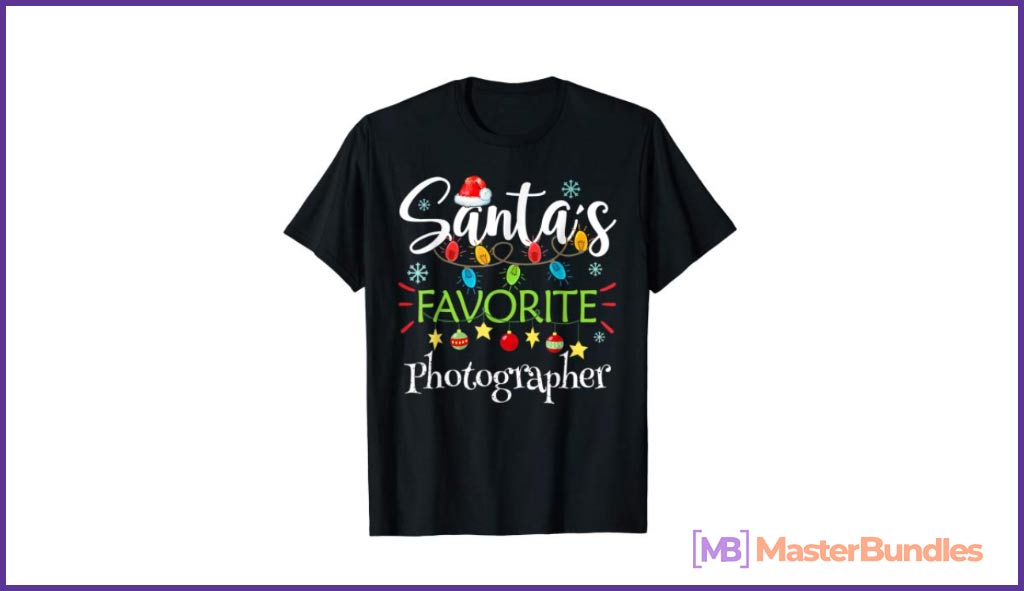 Black T-shirt with bright Christmas elements.