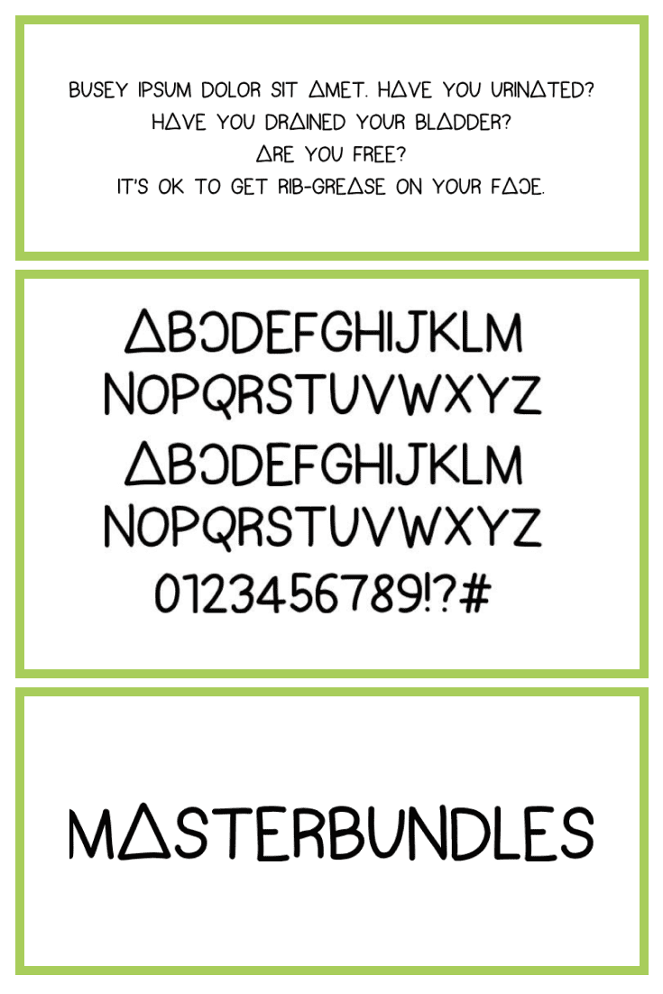 A sans-serif fun font on white background with green borders.