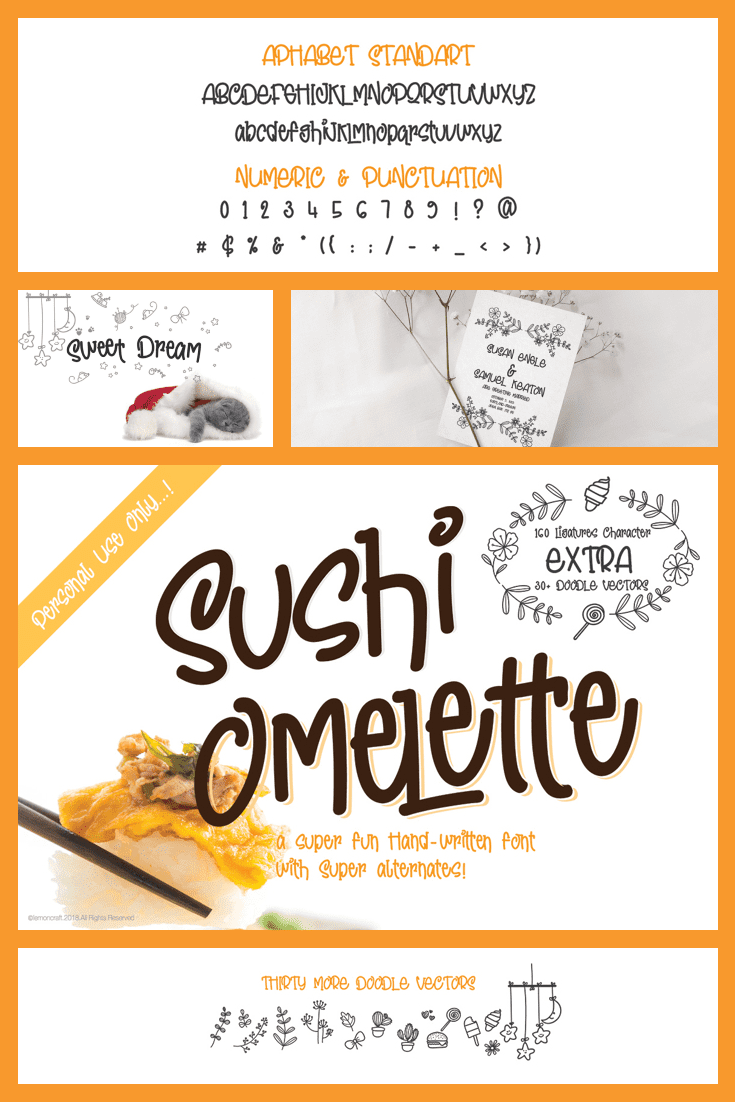 Sushi on a collage with white background and a script fun font.