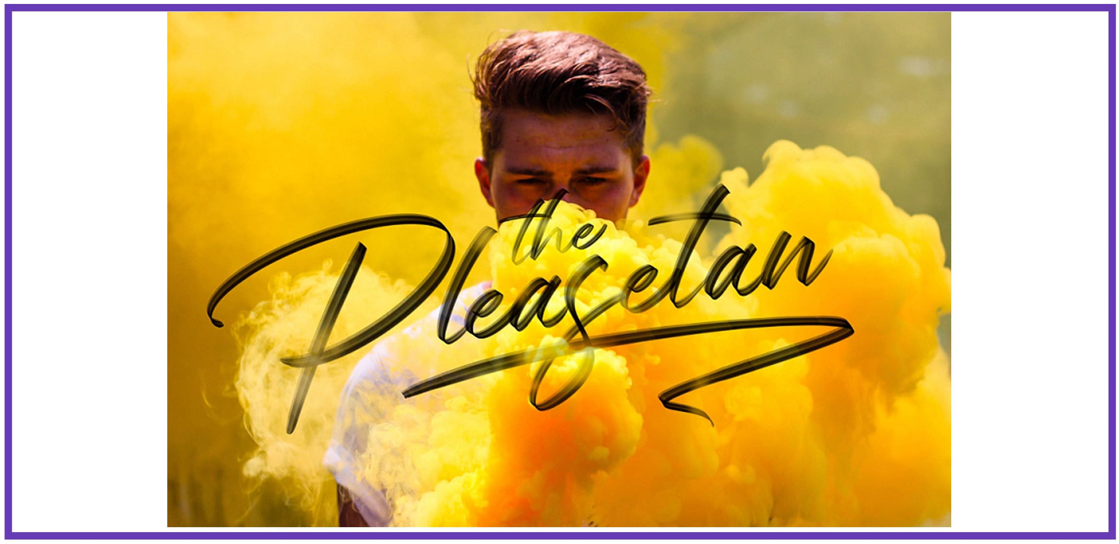 A young man in yellow smoke with a script fun font.