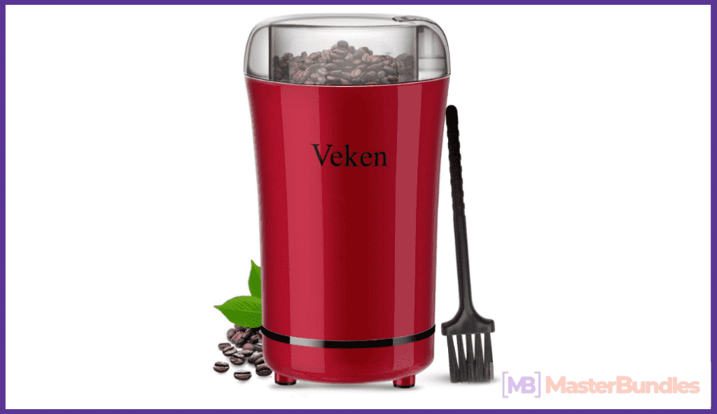 Electric coffee grinder in red. It is compact and easy to use.