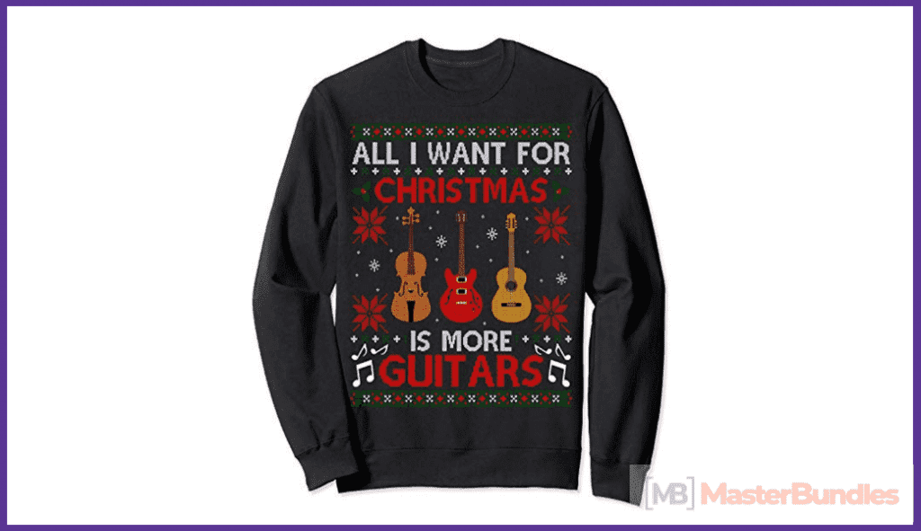 Black Christmas sweater with a picture of a guitar.