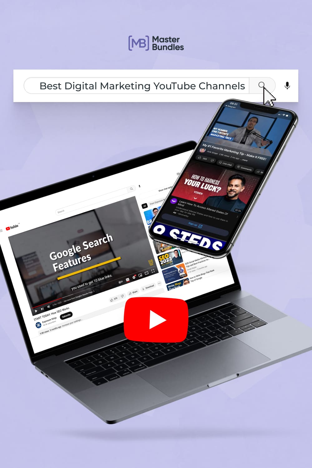 Laptop and a phone with the words best digital marketing youtube channels.