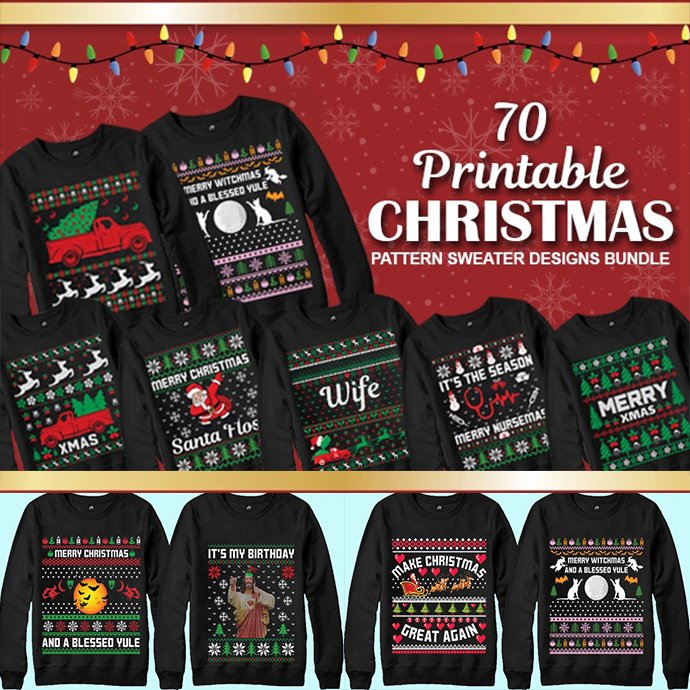 Printable Ugly Christmas Sweater Design Bundle Example.