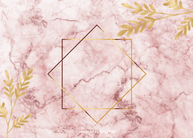 Marble pink background with golden branches and two intersecting squares.