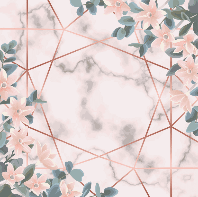 Marble white background that is crossed by golden pink lines, and pale pink flowers.