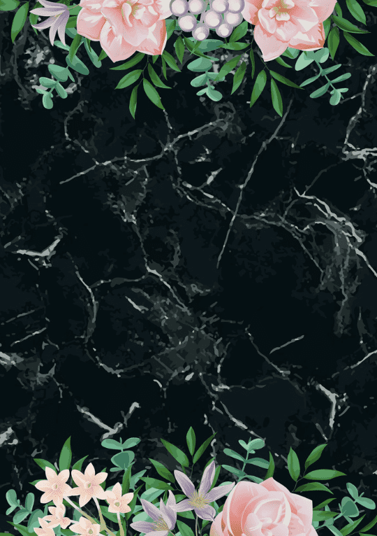 Black marble background with white veins, framed with large painted flowers.