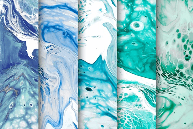 Liquid marble backgrounds of rich blue, mazarine, emerald green, and the color of the sea wave.