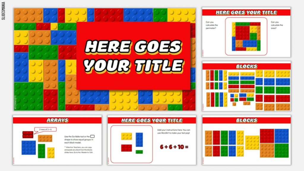 LegoMania a Google Slides Template for Math Lessons Inspired by Lego Blocks. Fun Google Slides Theme.