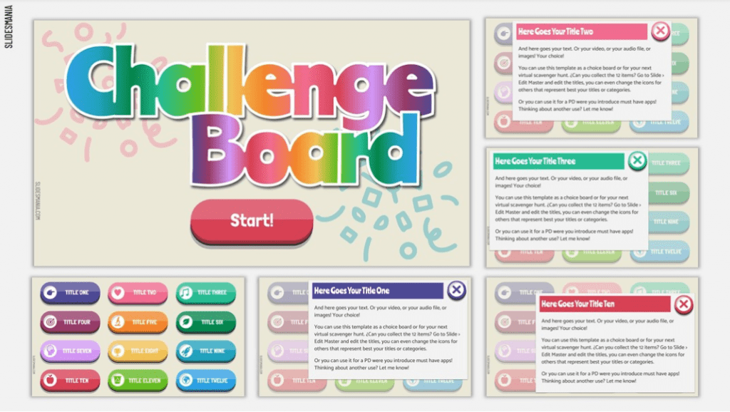 Party Challenge Board an Interactive Template for Google Slides or PowerPoint. Fun Google Slides Theme.
