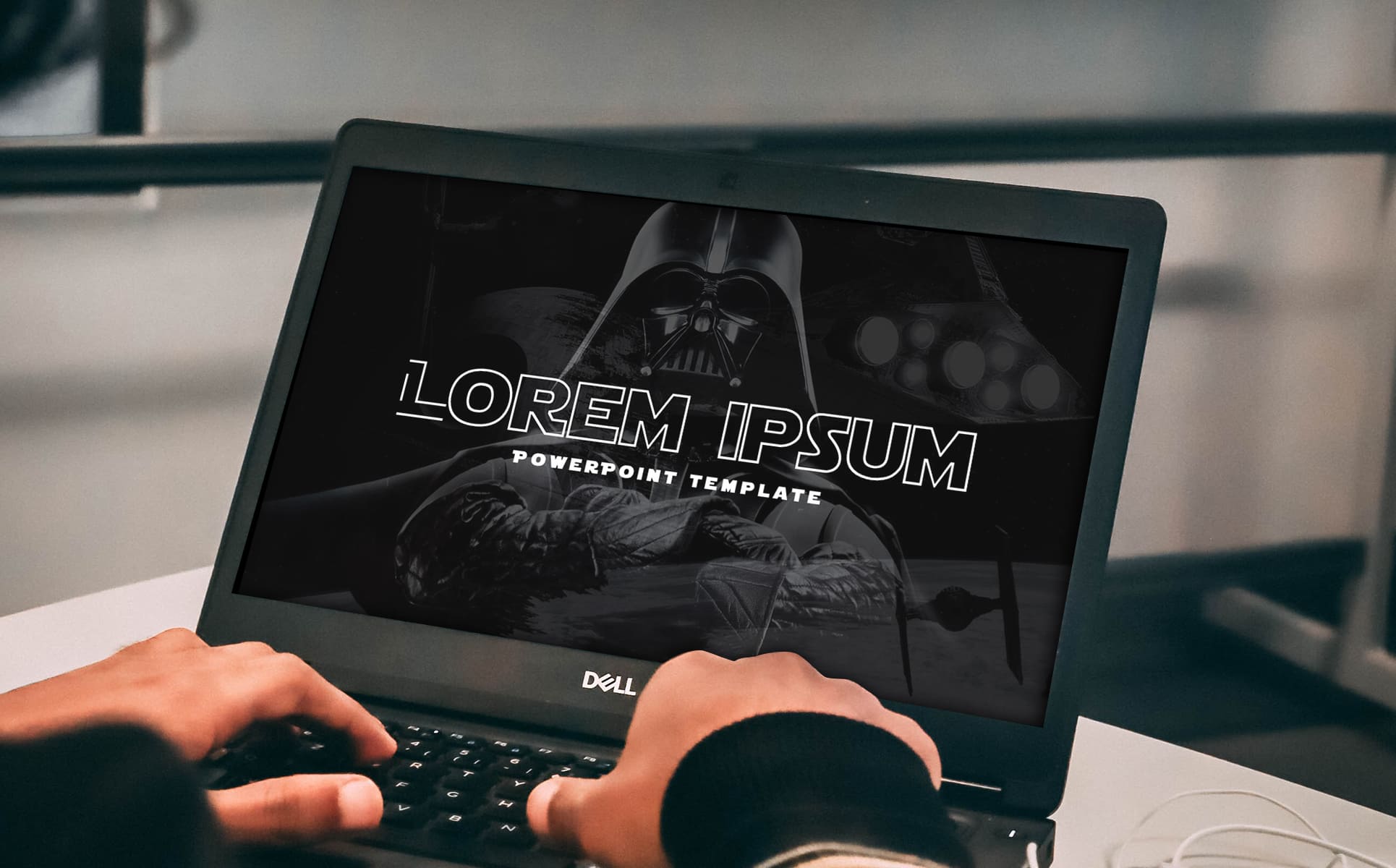Person working on Star Wars PowerPoint presentation.