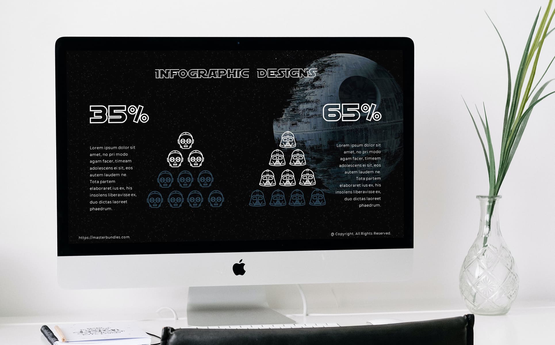 Slide view of the presentation on a monoblock with thematic infographics with Star Wars icons.