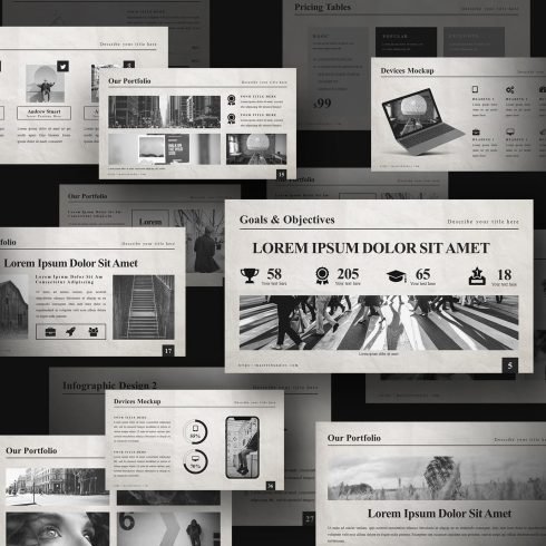 Black and white slides with newspaper photos, icons, and text blocks.