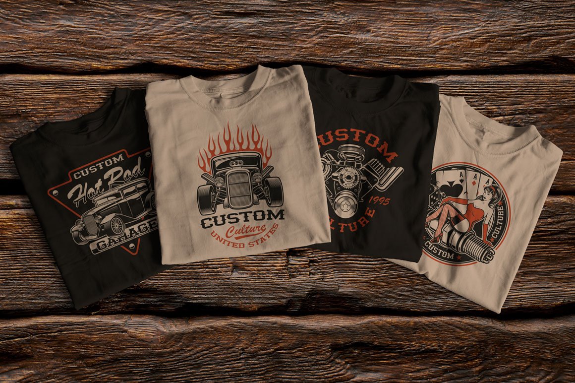 A set of T-shirts - light and dark - with vintage images.