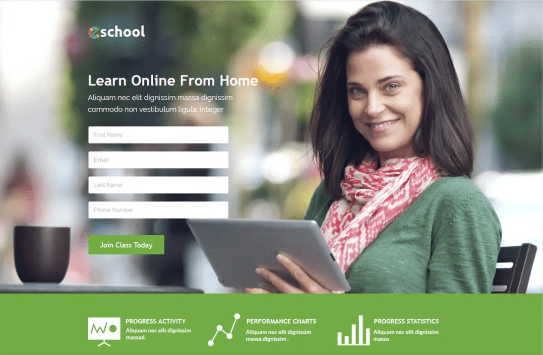 Great Bright Landing Page Template. It uses both text and infographics. A good option for courses or school.