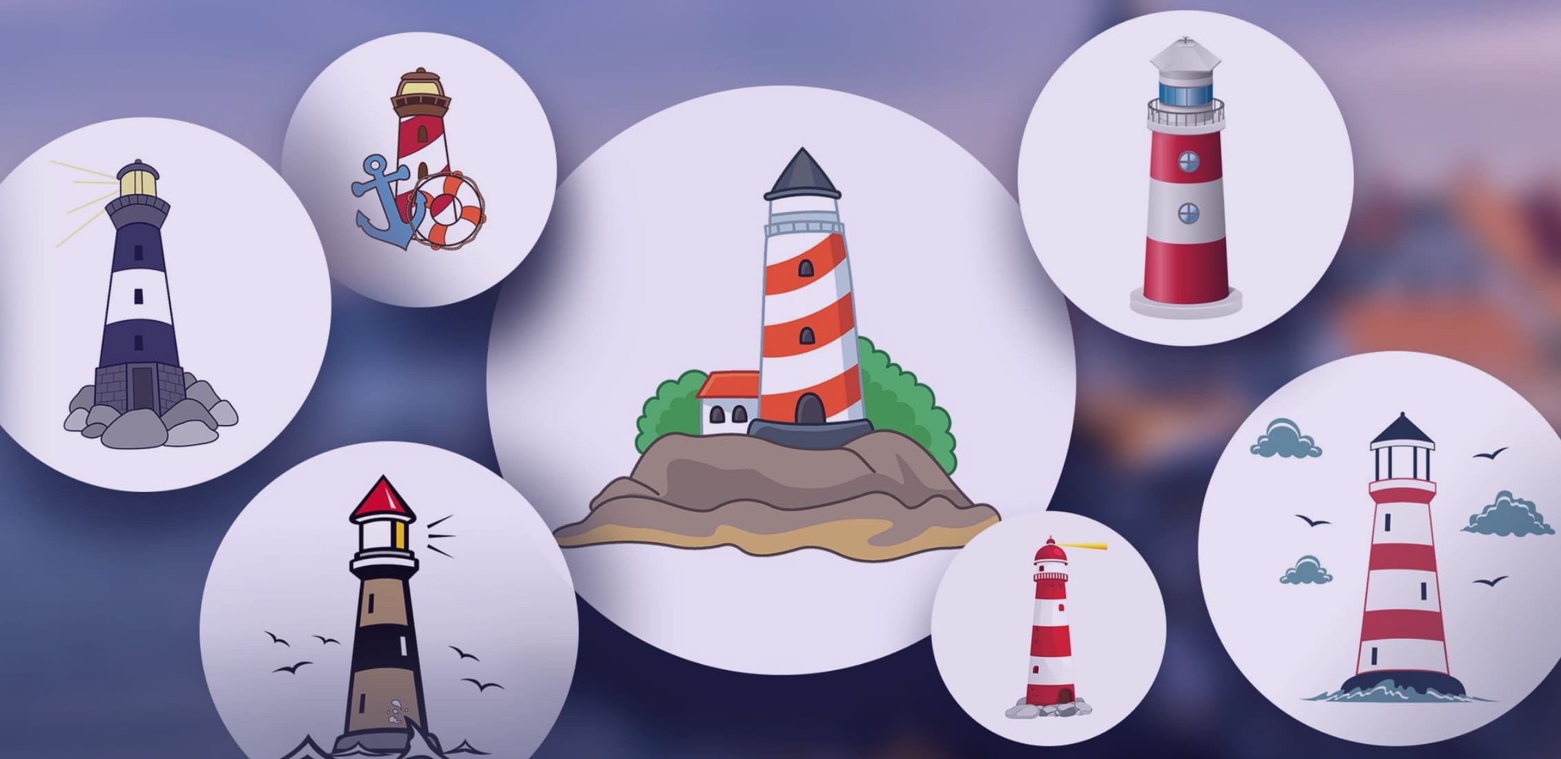 Examples of different painted lighthouses. Lighthouses are located in white circles.
