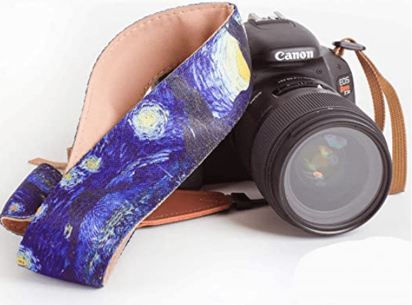 Scenic camera strap. It depicts part of Van Gogh's painting Starry Night.