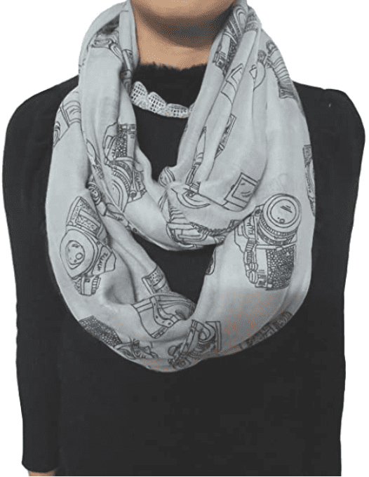 Gray scarf-collar with the image of cameras.