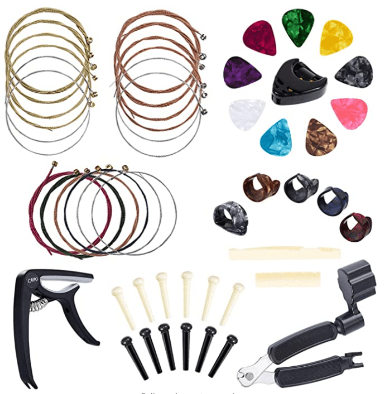 Benvo Guitar Accessories Kit 49 Pieces Guitar Tool Changing Kit Including Guitar Picks, Capo, Acoustic Guitar Strings, String Winder, Bridge Pins, Pin Puller, Guitar Bones & Pick Holder, Finger Picks.
