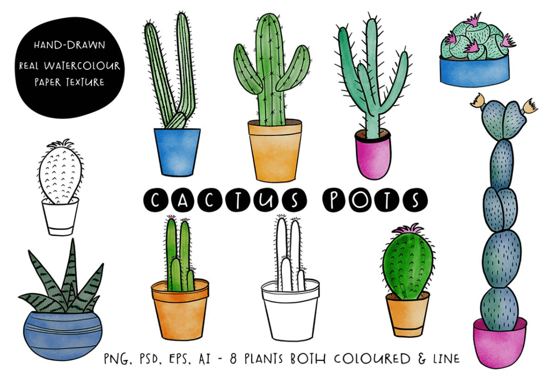 Cactus Pot Thorn Color Colour Sketch PNG & SVG Design For T-Shirts