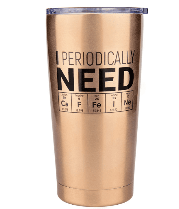 Stylish cup with a part of the periodic table that creates the inscription 