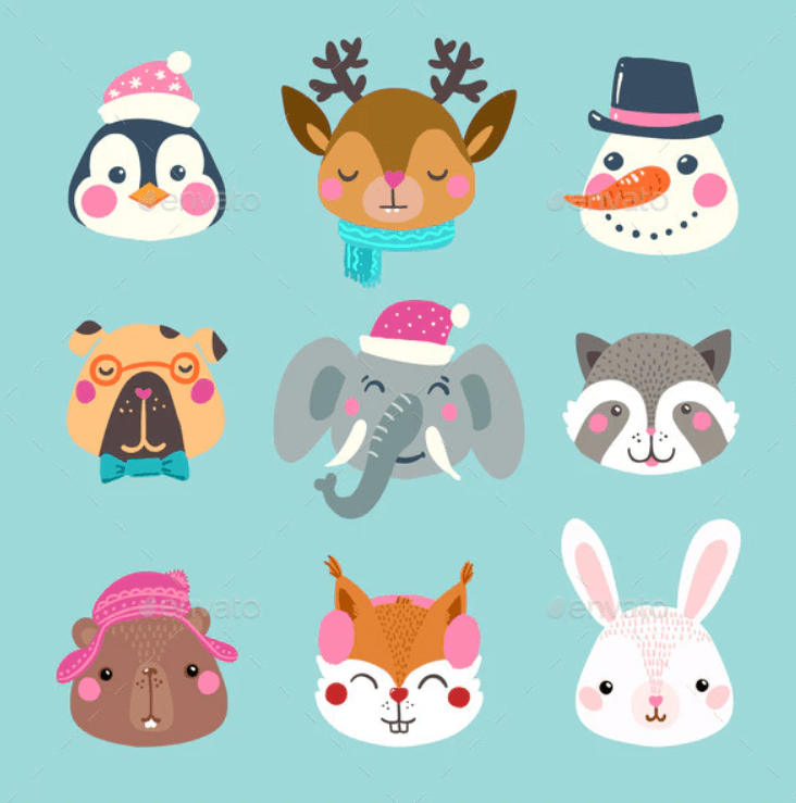 Set of Winter Cute Animal and Snowman Faces.