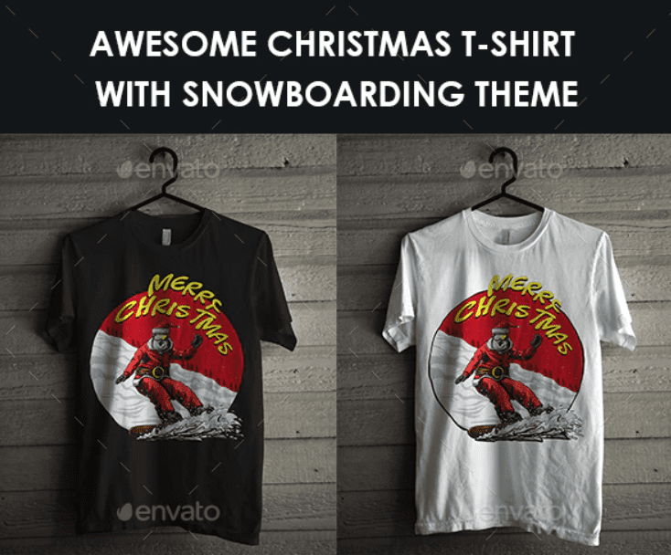 Christmas T-Shirt with Snowboarding Theme.