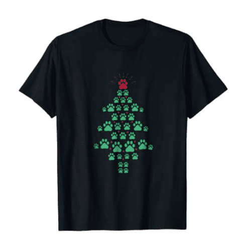 Super Cute Dog Paws Print Christmas Tree T-Shirt.